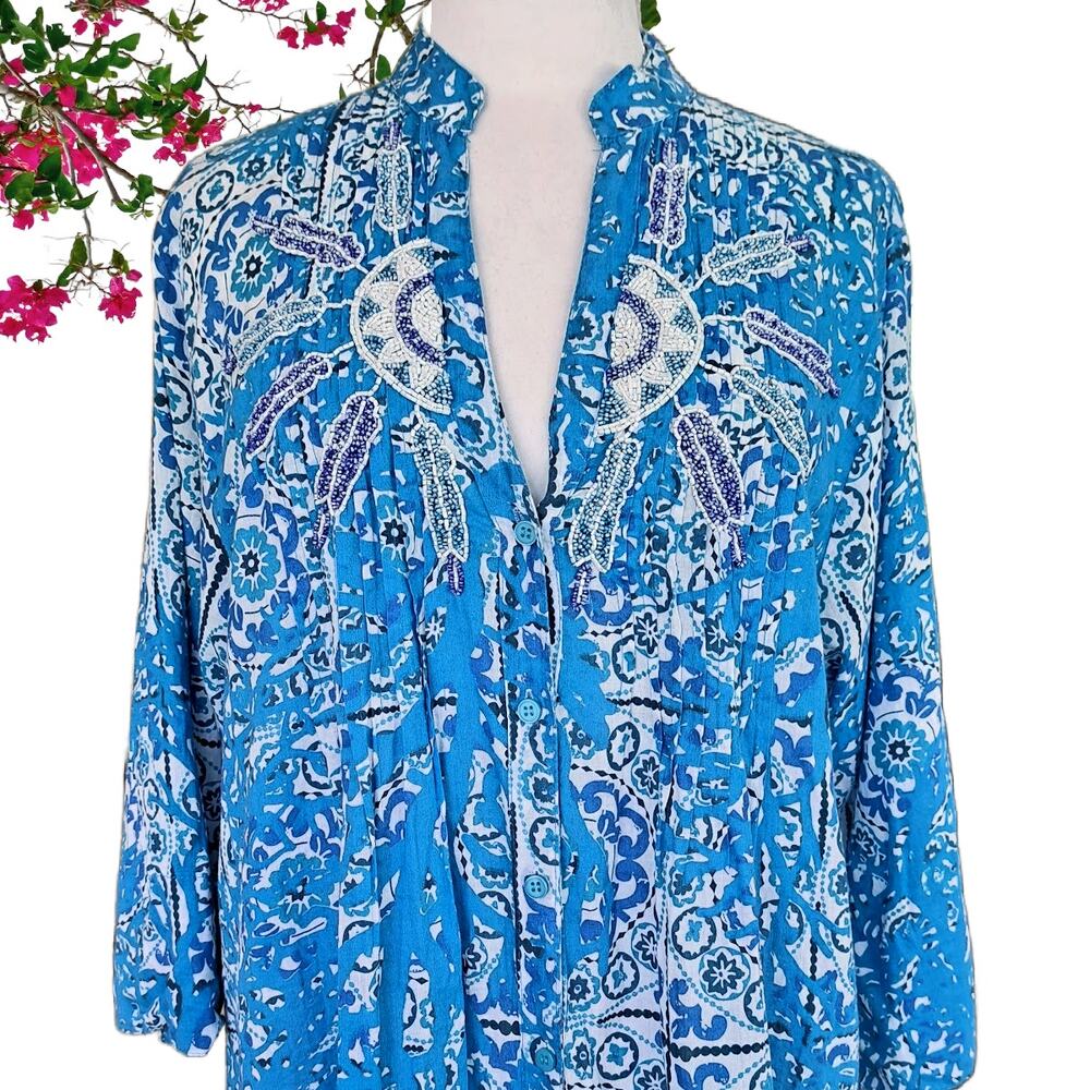 ANTICA SARTORIA Mini Dress L/XL Turquoise Beaded Pintuck Tunic Resort Beach Boho - Picture 3 of 13